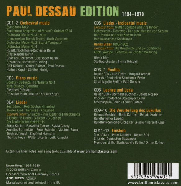USED 12CD - Paul Dessau – Paul Dessau Edition / Orchestral Music · Piano Musi · Lieder · Incidental Music · Leonce Und Lena · Puntila · Einstein · Die Verurteilung Des Lukullus