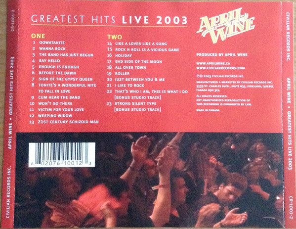USED 2CD - April Wine – Greatest Hits Live 2003