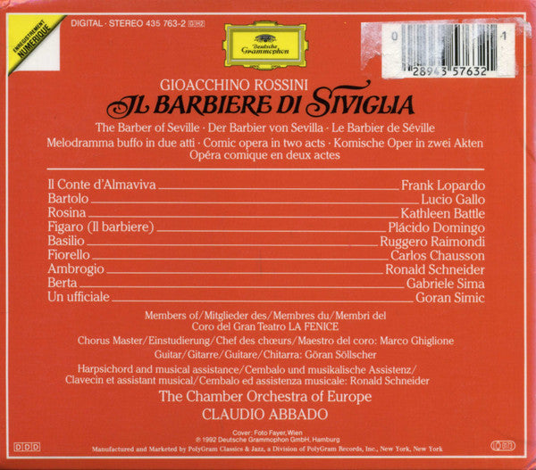 USED 2CD - Gioacchino Rossini - Kathleen Battle, Plácido Domingo, Frank Lopardo, Lucio Gallo, Ruggero Raimondi, The Chamber Orchestra Of Europe, Claudio Abbado – Il Barbiere Di Siviglia