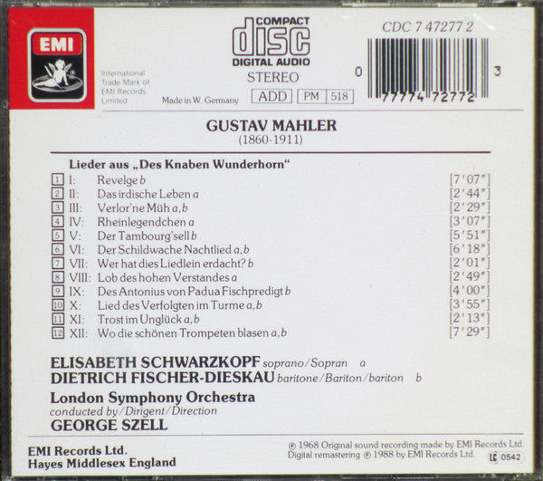 USED CD - Mahler - Elisabeth Schwarzkopf, Dietrich Fischer-Dieskau, London Symphony Orchestra, George Szell – Des Knaben Wunderhorn