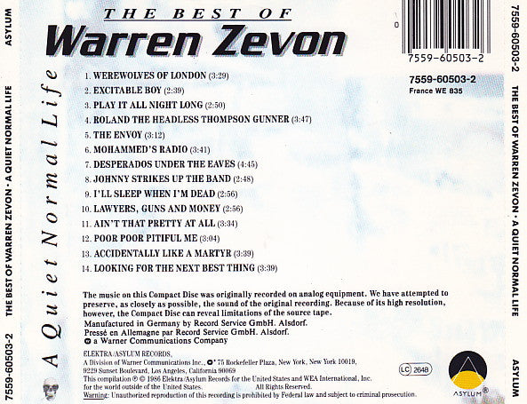 USED CD - Warren Zevon – A Quiet Normal Life: The Best Of Warren Zevon