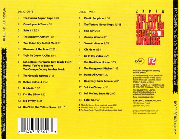 USED 2CD - Frank Zappa – You Can't Do That On Stage Anymore Vol. 1