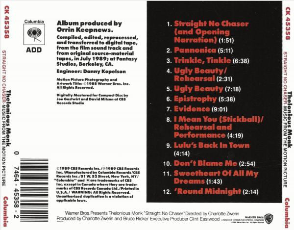 Thelonious Monk – Straight No Chaser (Music From The Motion Picture) -USED CD