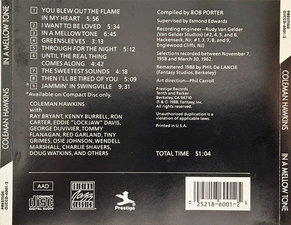 Coleman Hawkins – In A Mellow Tone - USED CD