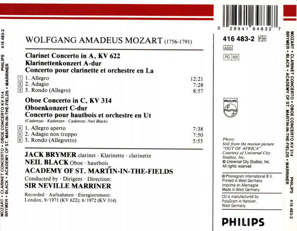 CD - Mozart – Jack Brymer, Neil Black, Academy Of St. Martin-in-the-Fields*, Neville Marriner* – Clarinet Concerto KV 622 · Oboe Concerto KV 314 (Original Recording Featured In "Out Of Africa")