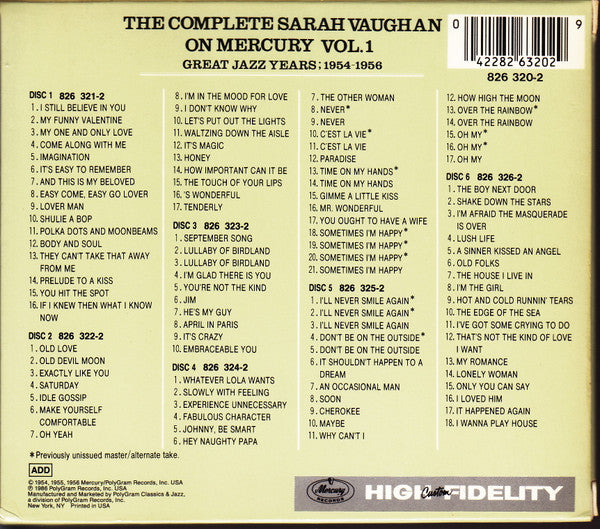 6CD - Sarah Vaughan – The Complete Sarah Vaughan On Mercury Vol. 1 - Great Jazz Years; 1954-1956