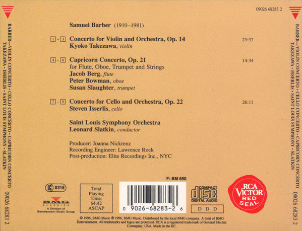 USED CD - Barber: Kyoko Takezawa , Steven Isserlis , Saint Louis Symphony Orchestra - Leonard Slatkin – Violin And Cello Concertos, Capricorn Concerto