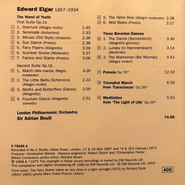 USED CD - Sir Edward Elgar, London Philharmonic Orchestra, Sir Adrian Boult – The Wand Of Youth - Suites 1 & 2. Three Bavarian Dances. Polonia. Triumphal March From 'Caractacus'. Meditation From 'The Light Of Life'