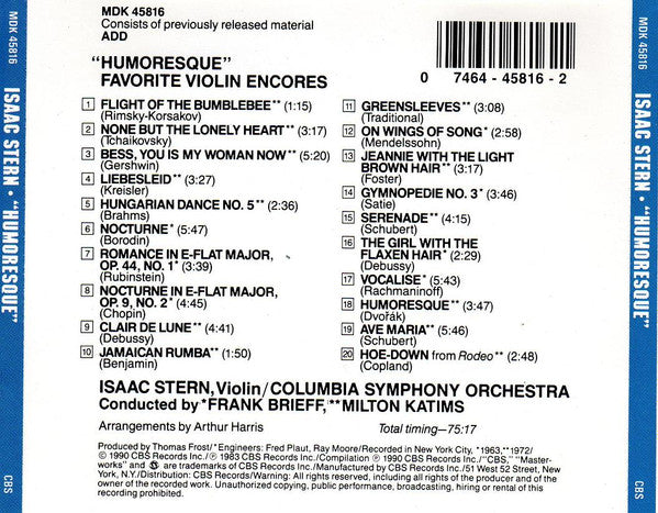 USED CD - Isaac Stern – Humoresque - Favourite Violin Encores