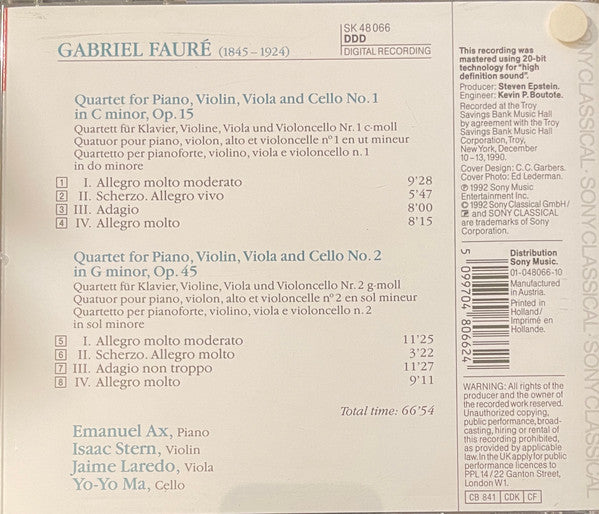 USED CD - Fauré : Emanuel Ax • Isaac Stern • Jaime Laredo • Yo-Yo Ma – Piano Quartets (No. 1 In C Minor, Op.15 • No. 2 in G Minor, Op.45)