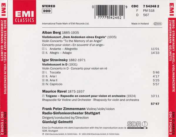 USED CD - Berg, Stravinsky, Ravel - Frank Peter Zimmermann, Gianluigi Gelmetti, Radio-Sinfonieorchester Stuttgart – Violinkonzerte = Violin Concertos = Concertos Pour Violon