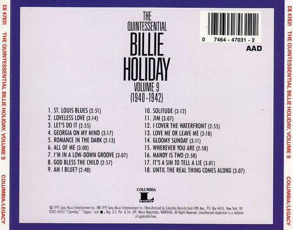 USED CD - Billie Holiday – The Quintessential Billie Holiday Volume 9 (1940-1942)