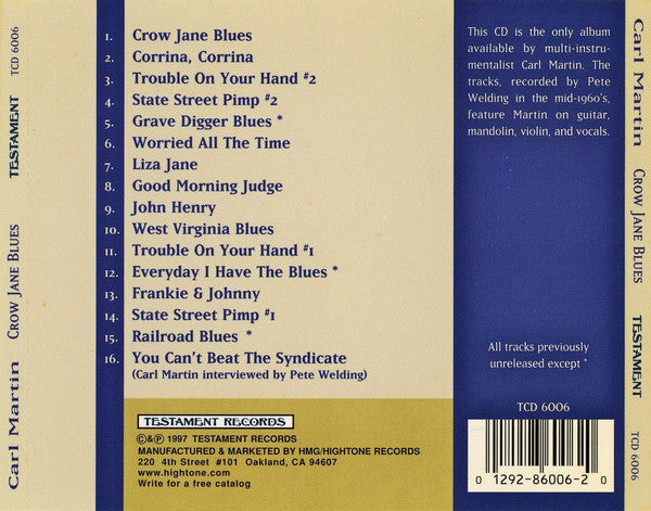 USED CD - Carl Martin – Crow Jane Blues