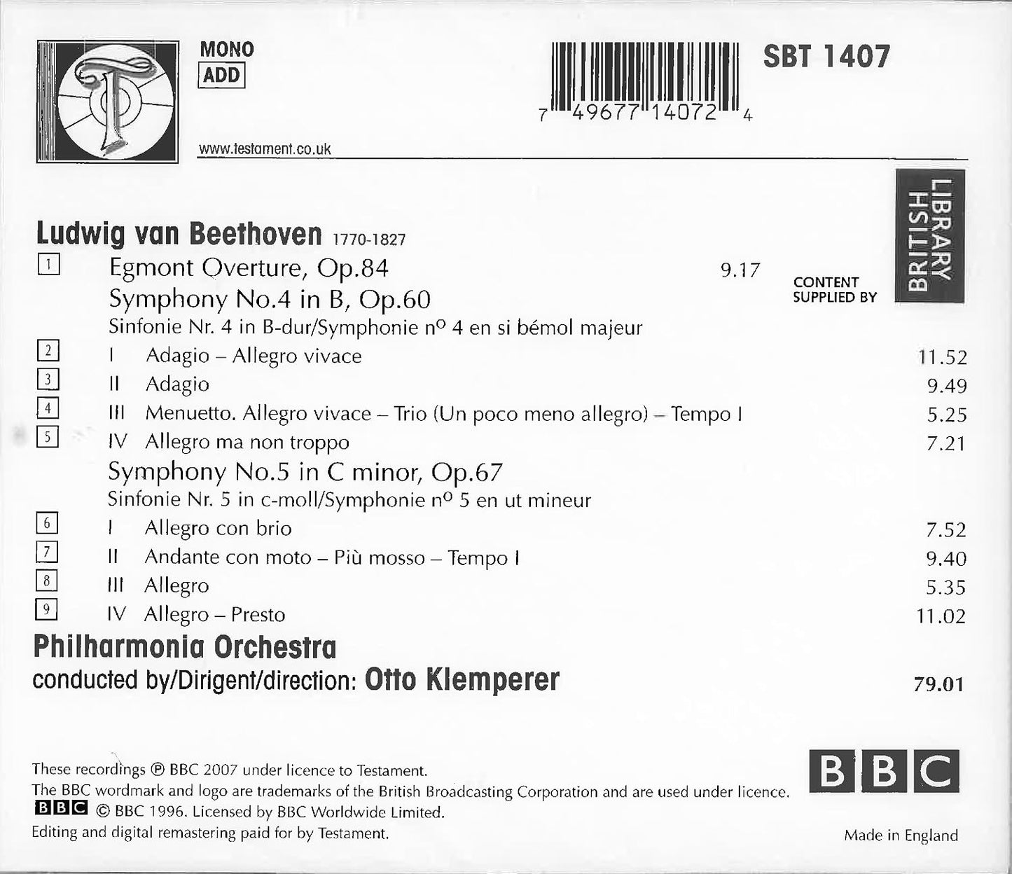CD - Otto Klemperer – Beethoven Symphonies Nos. 4 and 5 Egmont Overture Philharmonia Orchestra Recorded live at the Royal Festival Hall, 1957