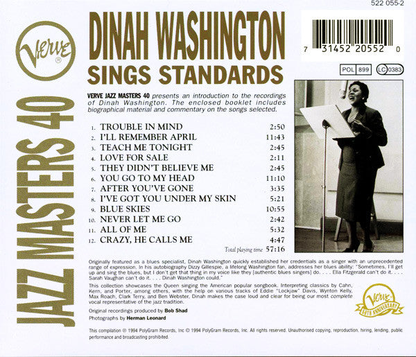 USED CD - Dinah Washington – Dinah Washington Sings Standards - Jazz Masters 40