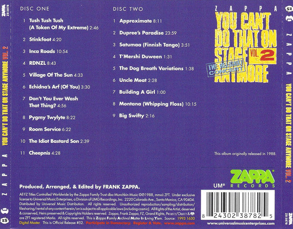USED 2CD - Zappa – You Can't Do That On Stage Anymore Vol. 2