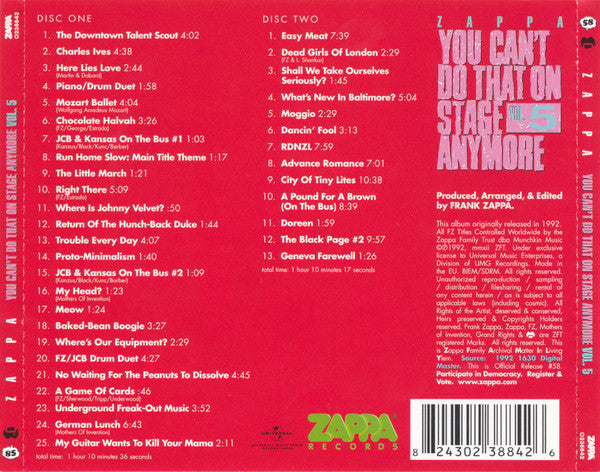 USED 2CD - Zappa – You Can't Do That On Stage Anymore Vol. 5