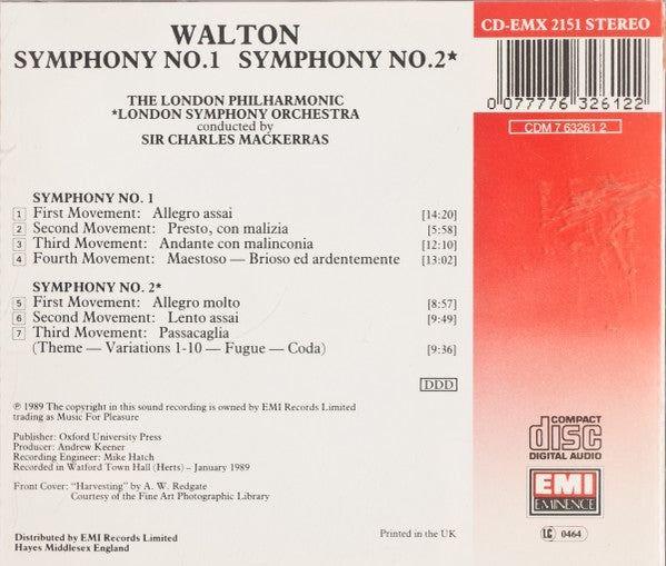 USED CD - Walton, The London Philharmonic, London Symphony Orchestra, Sir Charles Mackerras – Symphonies 1 & 2