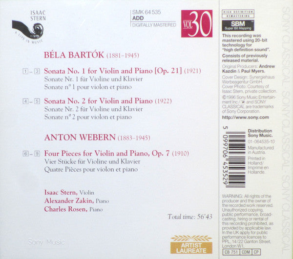 USED CD - Bartók, Webern, Isaac Stern, Alexander Zakin, Charles Rosen – Bartók: Violin Sonatas Nos. 1 & 2 / Webern: 4 Pieces Op. 7