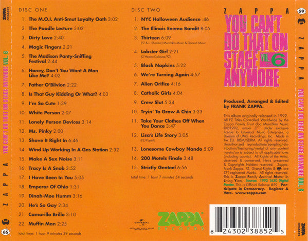 USED 2CD - Zappa – You Can't Do That On Stage Anymore Vol. 6