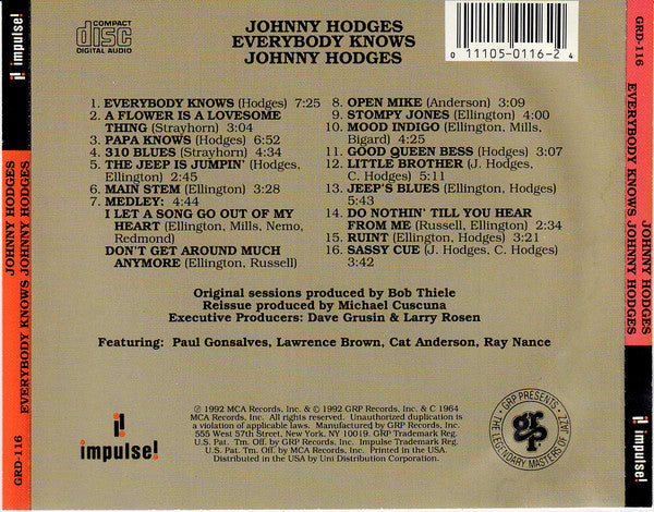 Johnny Hodges - Everybody Knows - USED CD