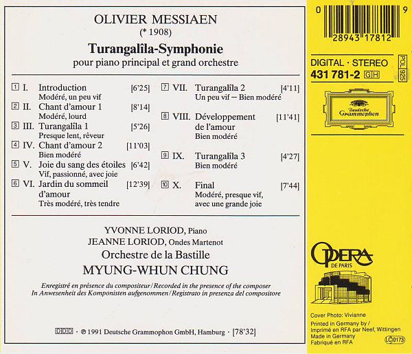 Messiaen - Yvonne Loriod · Jeanne Loriod · Orchestre De L'Opéra Bastille · Myung-Whun Chung – Turangalîla-Symphonie- USED CD