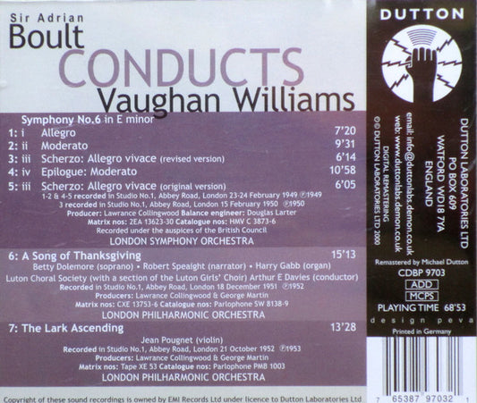 Vaughan Williams – Boult Conducts Vaughan Williams: Symphony No. 6 / A Song Of Thanksgiving / The Lark Ascending- USED CD