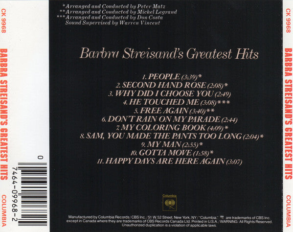 Barbra Streisand – Barbra Streisand's Greatest Hits - USED CD