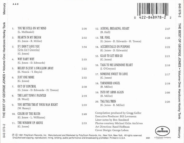 George Jones – The Best Of George Jones - Volume One: Hardcore Honky Tonk - USED CD