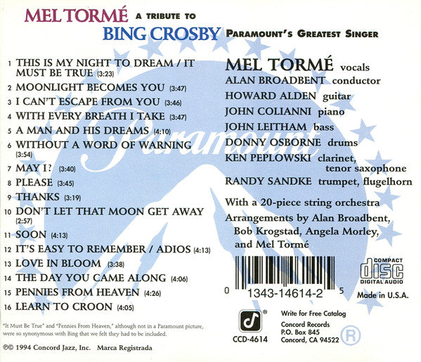 Mel Tormé – A Tribute To Bing Crosby - USED CD