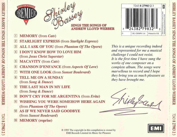 Shirley Bassey – Sings The Songs Of Andrew Lloyd Webber - USED CD