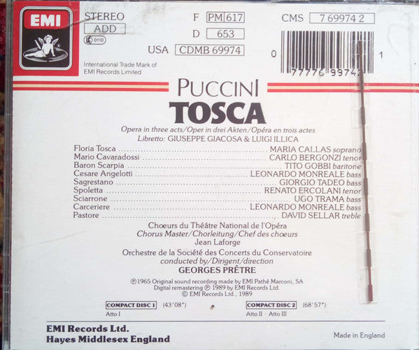 Puccini / Maria Callas, Carlo Bergonzi, Tito Gobbi, Chœur Du Théâtre National De L'Opéra de Paris, Orchestre De La Société Des Concerts Du Conservatoire, Georges Prêtre – Tosca - USED 2CD